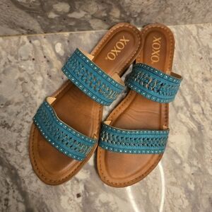 XOXO Women's Sandals Ravenna Laser Cut Double Band Flat Slide Teal 7M